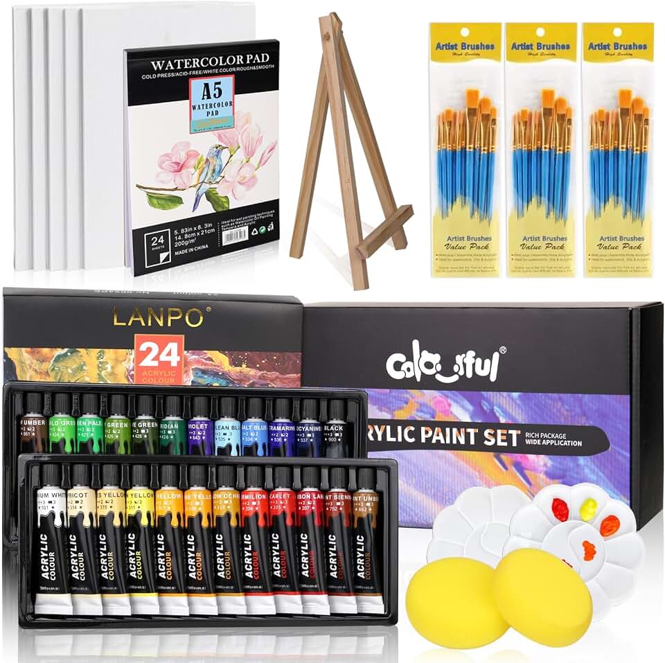 Colorful Acrylic Painting Kit, 24 Colors Paint Set with Brushes &amp; Easel | Smooth blending, versatile art supplies for canvas painting, crafts, home project &amp;creative gifts for beginners &amp;artists