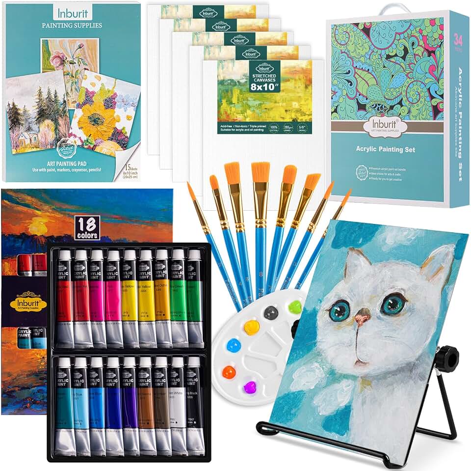 Inburit Acrylic Paint Set for Kids &amp; Adults, Art Supplies Kit with Canvas | Complete Art Painting Supplies Kit for Beginners, 18 Colors Paint, 8 Art Brushes, 15 Acrylic Paper Pad, Easel