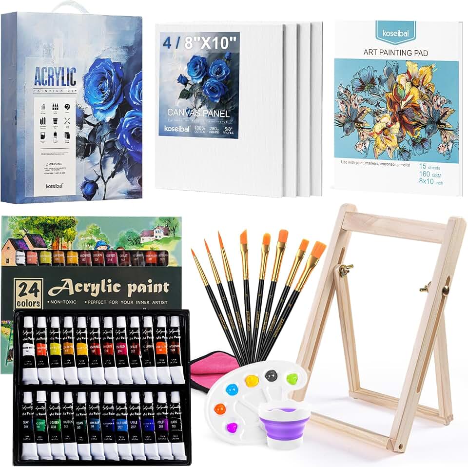 koseibal 24 Color Acrylic Paints Set with Tabletop Easel and Canvas Pad | Art Painting Supplies Kit for Kids &amp; Adults, 24 Vibrant Acrylic Tubes, 4 Canvas Boards, 8 Brushes, Drawing Pad