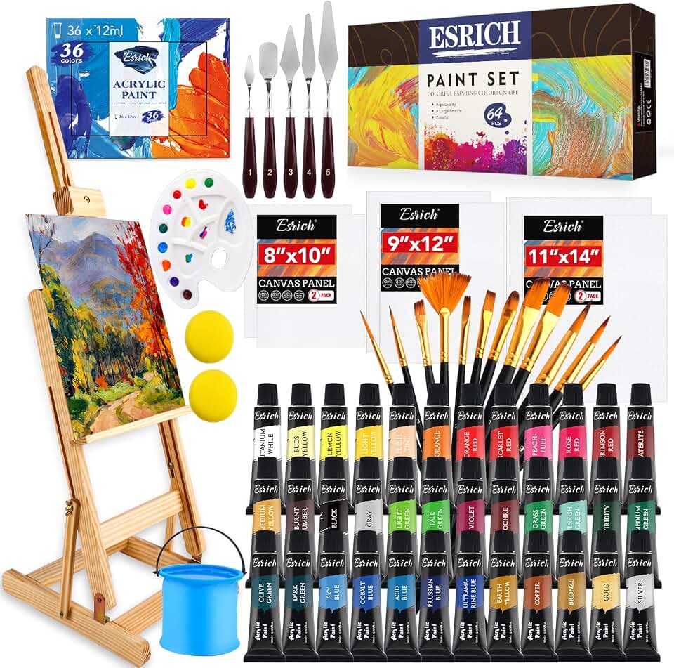 ESRICH Acrylic Paint Set, 64PCS Painting Supplies with Wood Easel | 12 Paint Brushes, 36 Paints, Canvas, Palette, Paints Knives, Painting Kit for Adults, Beginners