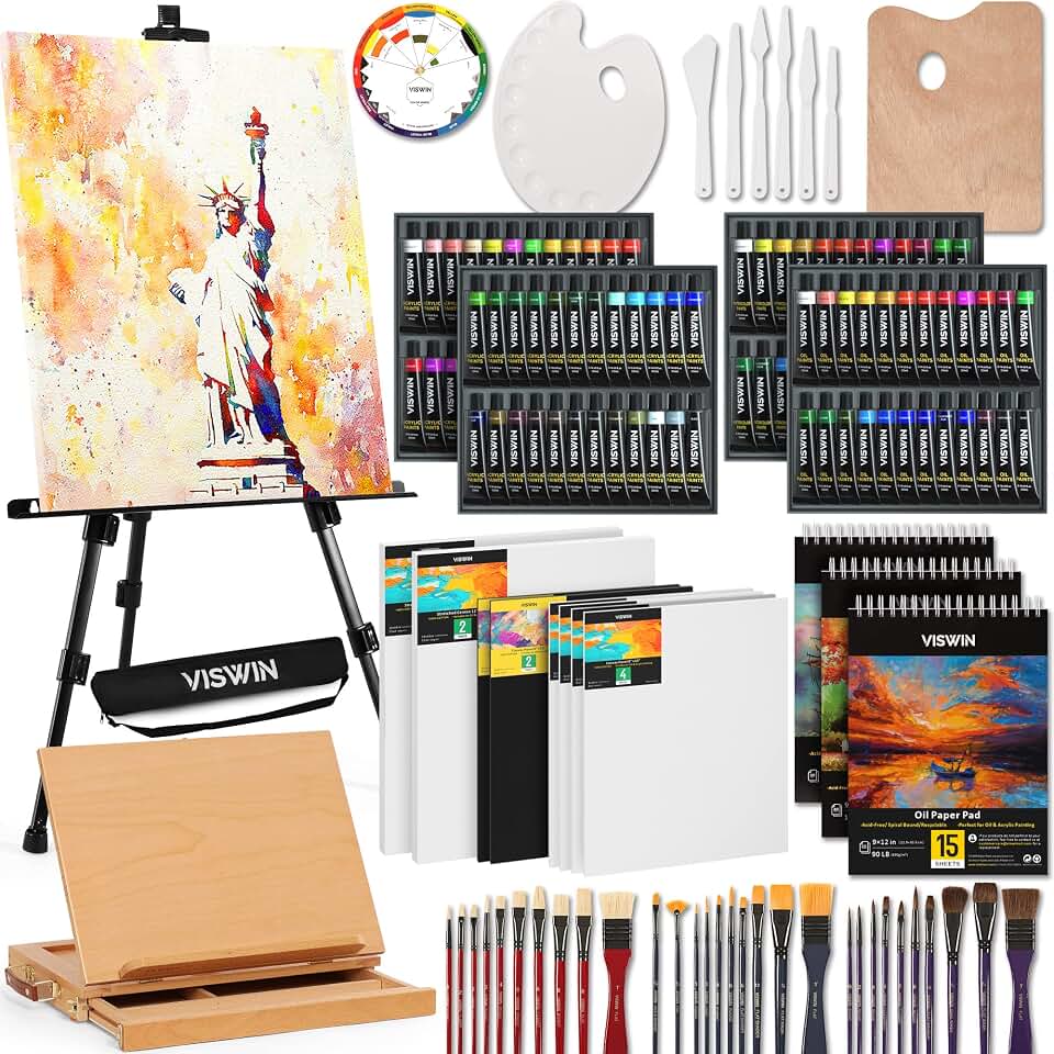 VISWIN 185 PCS Professional All-in-One Art Painting Kit with Beech Wood Easel, 96 Acrylic, Watercolor &amp; Oil Paint Set, Canvas, Painting Set with Complete Art Supplies for Adult, Artist, Beginner