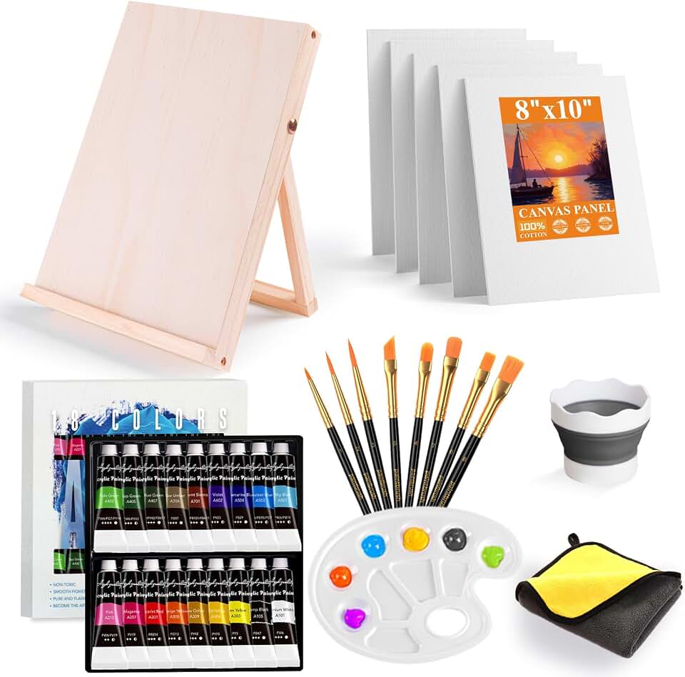 Paint Set for Kids &amp; Adults with 18 Acrylic Paints,Canvas &amp; Easel | 18 acrylic paints,5 canvas panels and an easel for family painting,school projects and creative weekends