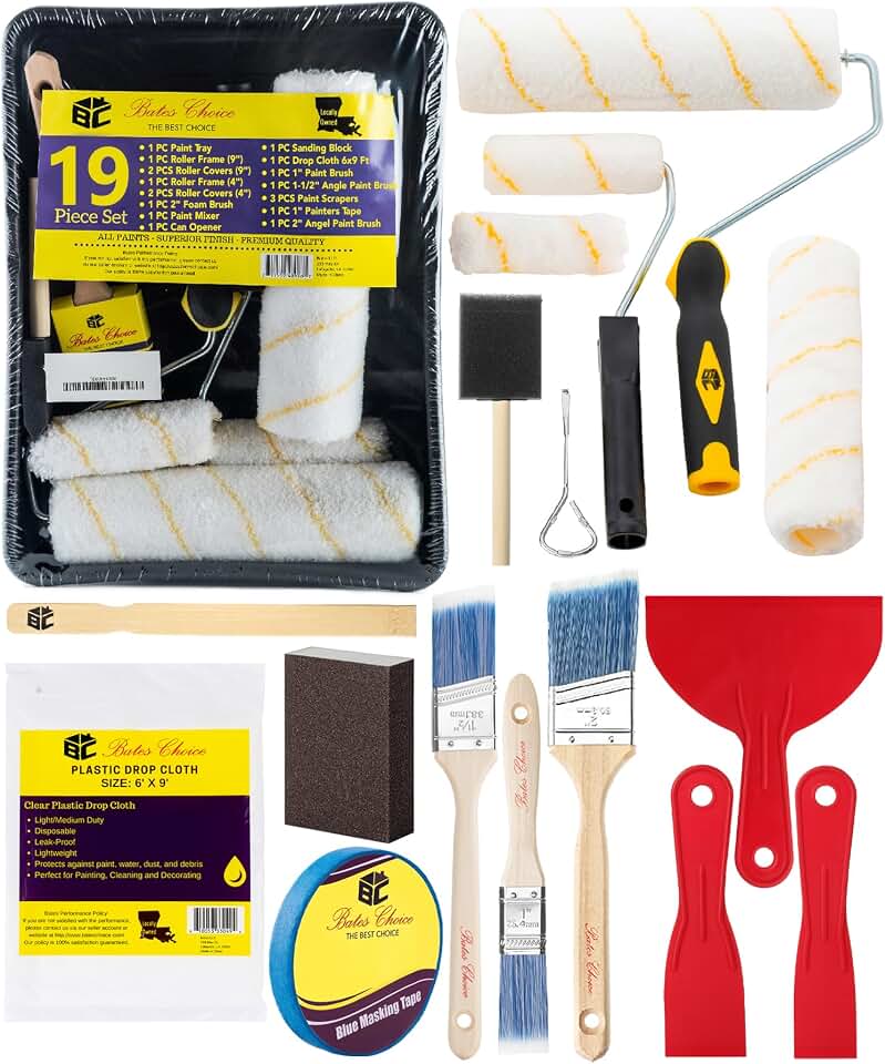 Bates- Paint Roller Kit, 19 pcs, Roller Set with Microfiber Sleeves &amp; Frame | for Walls, Cabinets, Interior and Exterior Painting