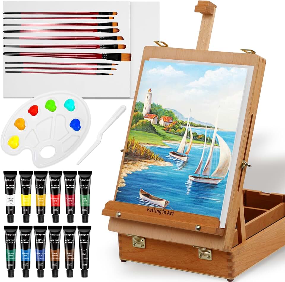 Falling in Art 27 Pcs Beechwood Tabletop Easel Box Set | Portable Acrylic Painting Easel Kit with Paints, Canvas and Brushes, Suitable for Beginners and Professionals