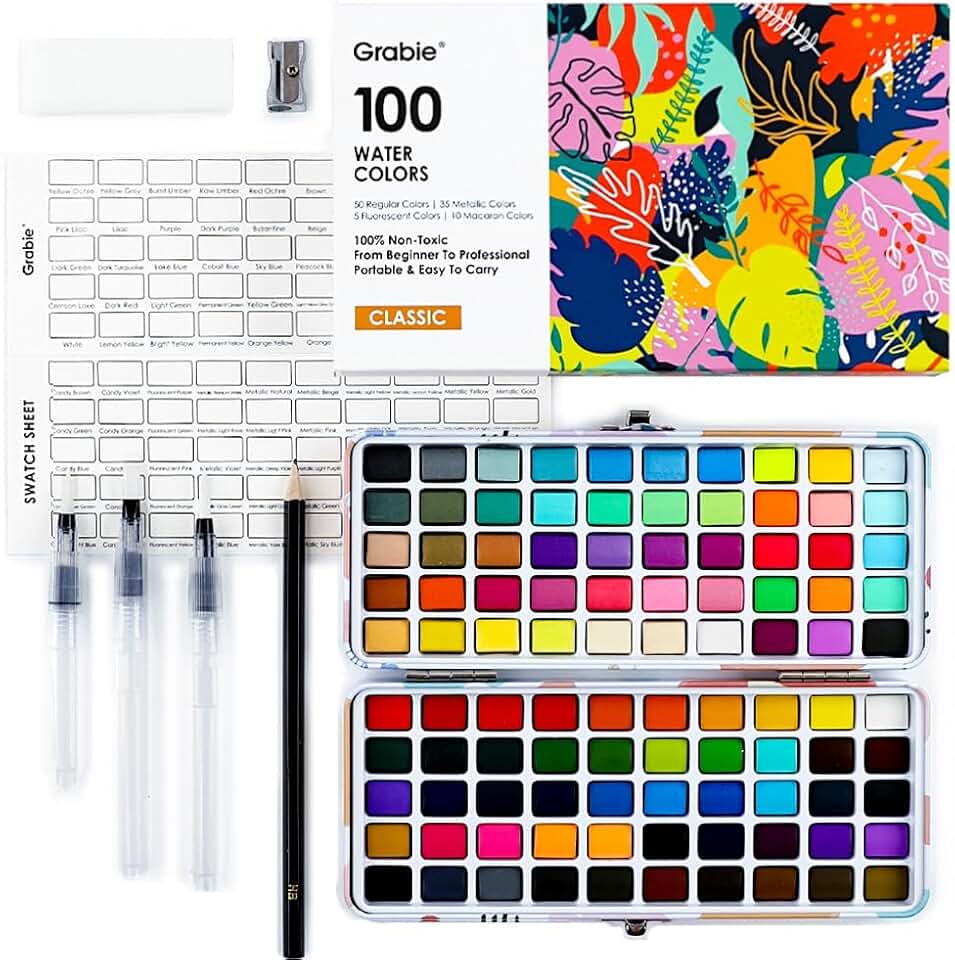 Grabie Watercolor Paint Set of 100 Color with Brush Pens | Portable Carrying Case, High Pigment Paints, Smooth Blending, Travel Painting