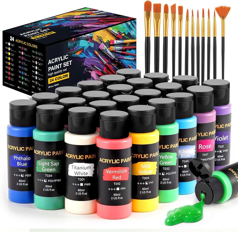 TMOL Acrylic Paint Set, 24 Colors (2 oz/Bottle) with 12 Art Brushes, Art Supplies for Painting Canvas, Wood, Ceramic &amp; Fabric, Rich Pigments Lasting Quality for Beginners, Professional