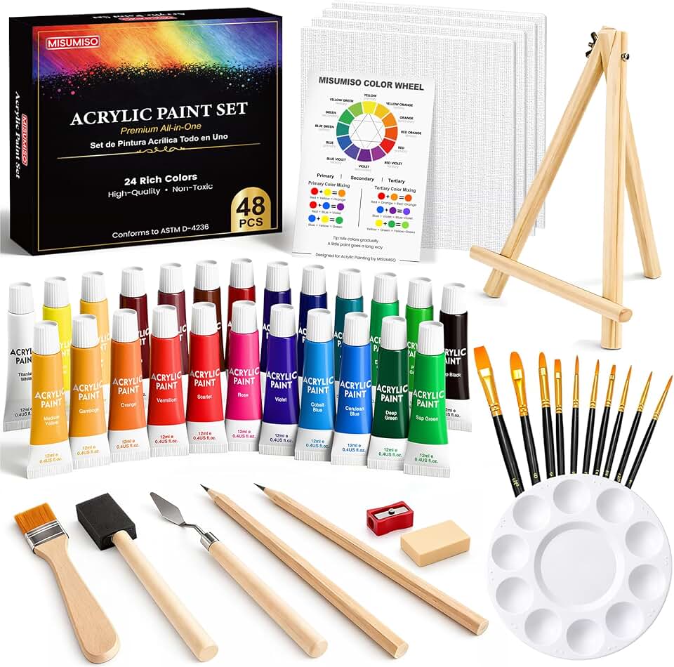 MISUMISO Acrylic Paint Kit for Beginners, 24 Colors Complete Painting Set with 4 Canvas Panels, 10 Brushes, Wooden Easel, Palette &amp; Art Supplies, All-in-One Paint Set for Adults &amp; Teens
