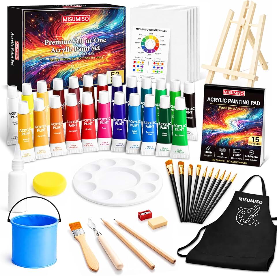 MISUMISO Acrylic Paint Set for Beginners - 24 Colors Painting Kit with Canvas Panels, Easel, 10 Brushes, Apron, Palette &amp; Accessories - Art Kit Painting Supplies for Adults Kids Teens, Gift Set