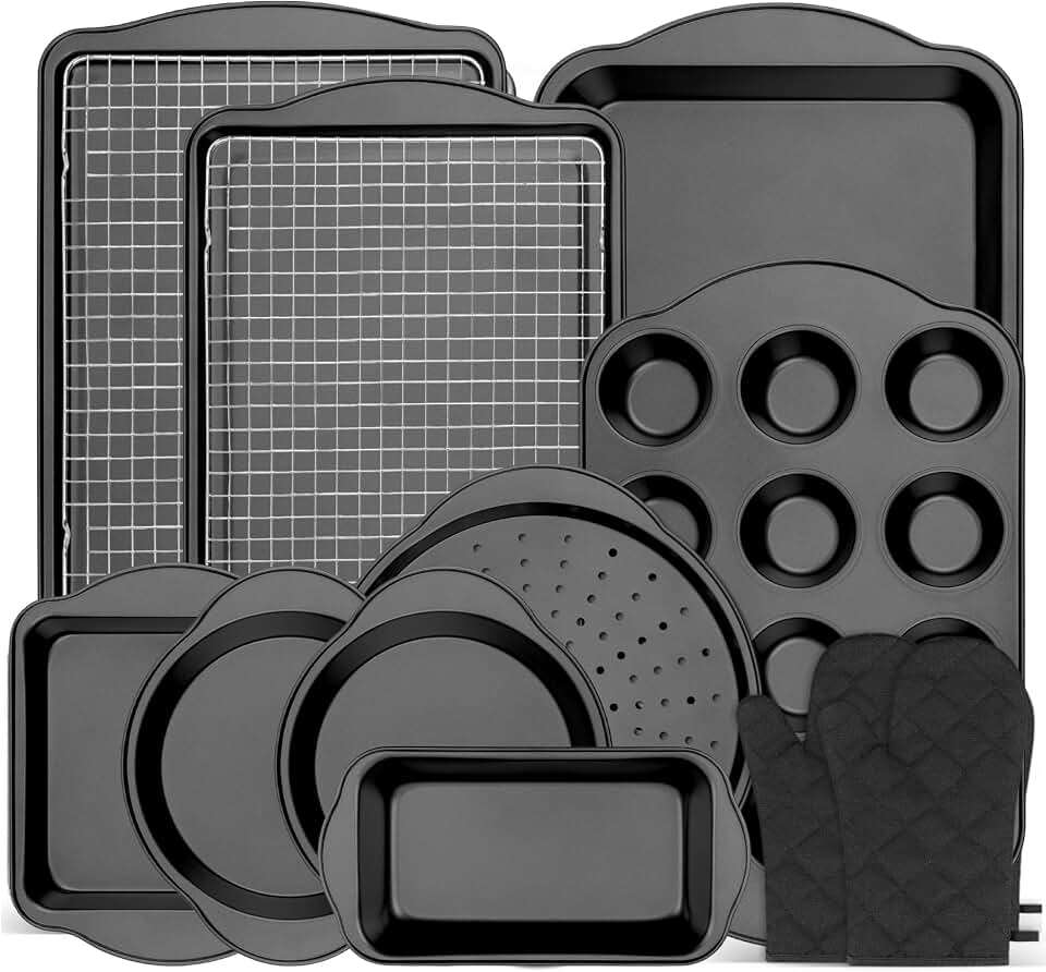 13 PCS Nonstick Bakeware Set - Carbon Steel Baking Pans Set featuring Dual Handles, Includes Roasting Pan, Pizza Pan, Cookie Sheet, Cake Pans, Muffin Pans, Cooling Rack, Oven Mitts, Non-Toxic