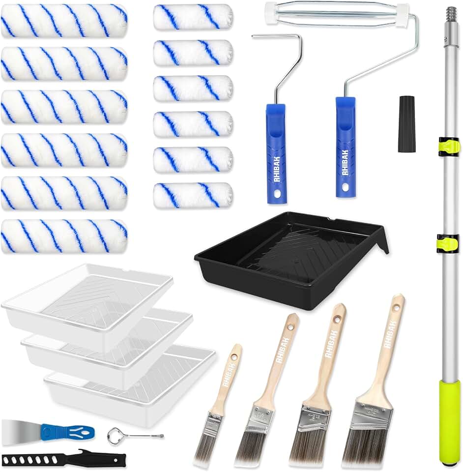 Paint Roller Kit with Extension Pole, 27 Piece Set, 2 to 4 Ft Pole, 4"9" Paint Rollers, Paint Brushes Set for Professional Painting,House Paint Roller for All Latex and Oil Paints &amp; Stains