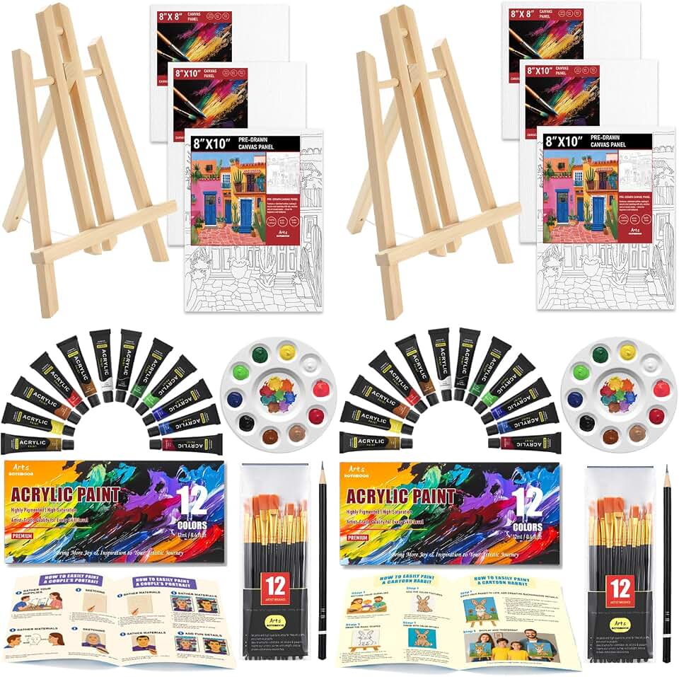 2 Pack Paint Set for Couples and Families with Portrait &amp; Cartoon Guides | 62 PCS Painting Set, 24 Acrylic Paints, 6 Pre-Drawn &amp; Blank Canvas Panels, 2 Table Easels, 24 Brushes, 2 Pencils, 2 Palettes