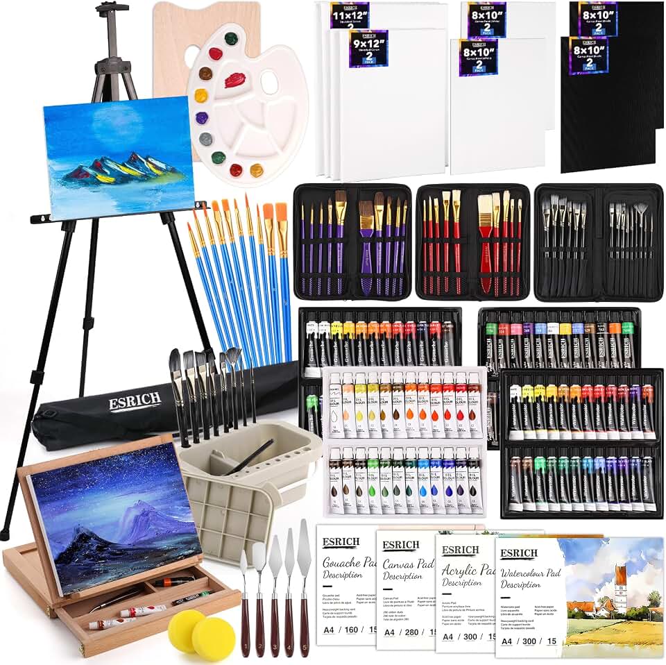 ESRICH 166 Pcs Deluxe Painting Set, Painting Supplies with 96 Paint | Metal and Beech Wood Easel, Oil, Watercolor &amp; Acrylic Paint, Canvas, Paper Pads, 45 Paint Brushes for Adults, Kids, Artists