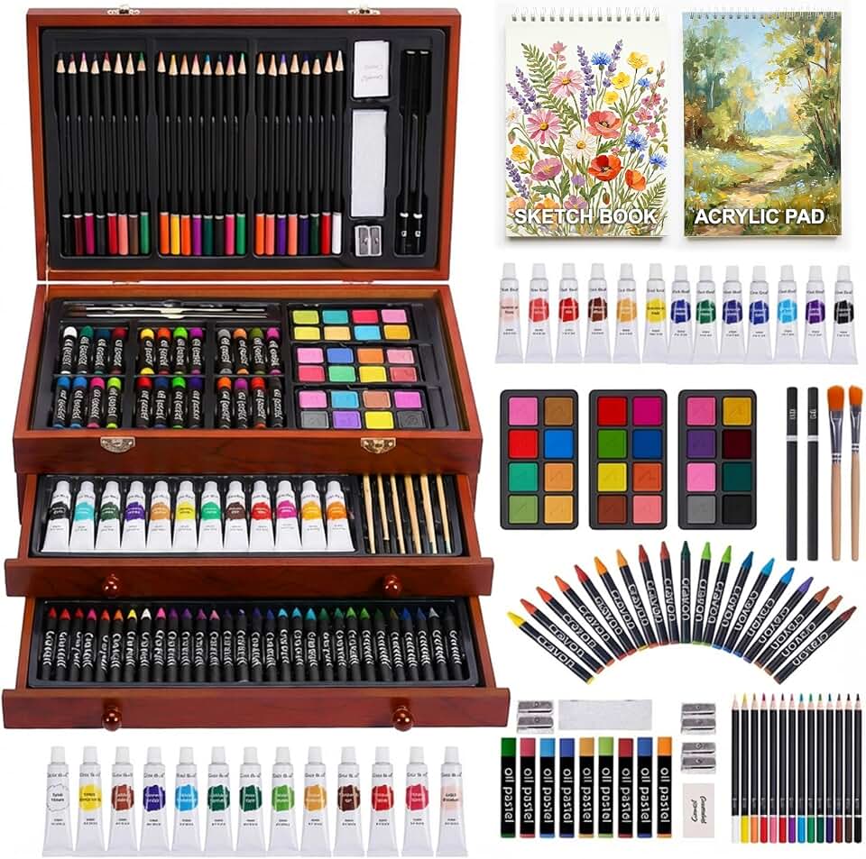 TMOL Art Supplies, 175-Pack Deluxe Art Set Drawing Painting Kit with 2 Drawing Pads, Acrylic Paints, Colored Pencils, Crayons, Art Kit in Wooden Case, Gift for Artist, Adults, Teens and Kids