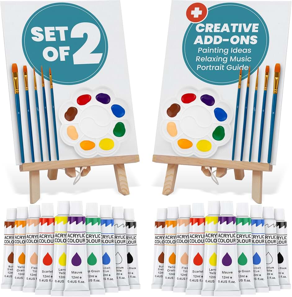 2 Painting Kits for Couples' Date Night, Sip and Paint Kit for Adults | Set of 2 Beginner Painting Kit for Date Night Crafts with Canvas, Easels, Brushes, Acrylic Paint - Family &amp; Couple Art Set