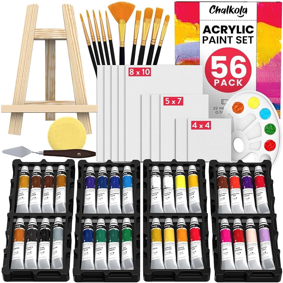 Chalkola Acrylic Paint Set for Adults &amp; Kids - 56 Pcs Canvas Painting Kit | 32 Acrylic Paints (22ml), 10 Brushes, 10 Canvases, Tabletop Easel, Palette Knife - Professional Craft &amp; Art Painting Supplies