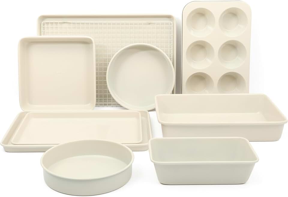 Martha Stewart Gallen 10 Piece Baking Pans Ceramic PFA Free Non Toxic Non Stick Bakeware Kit - Linen White