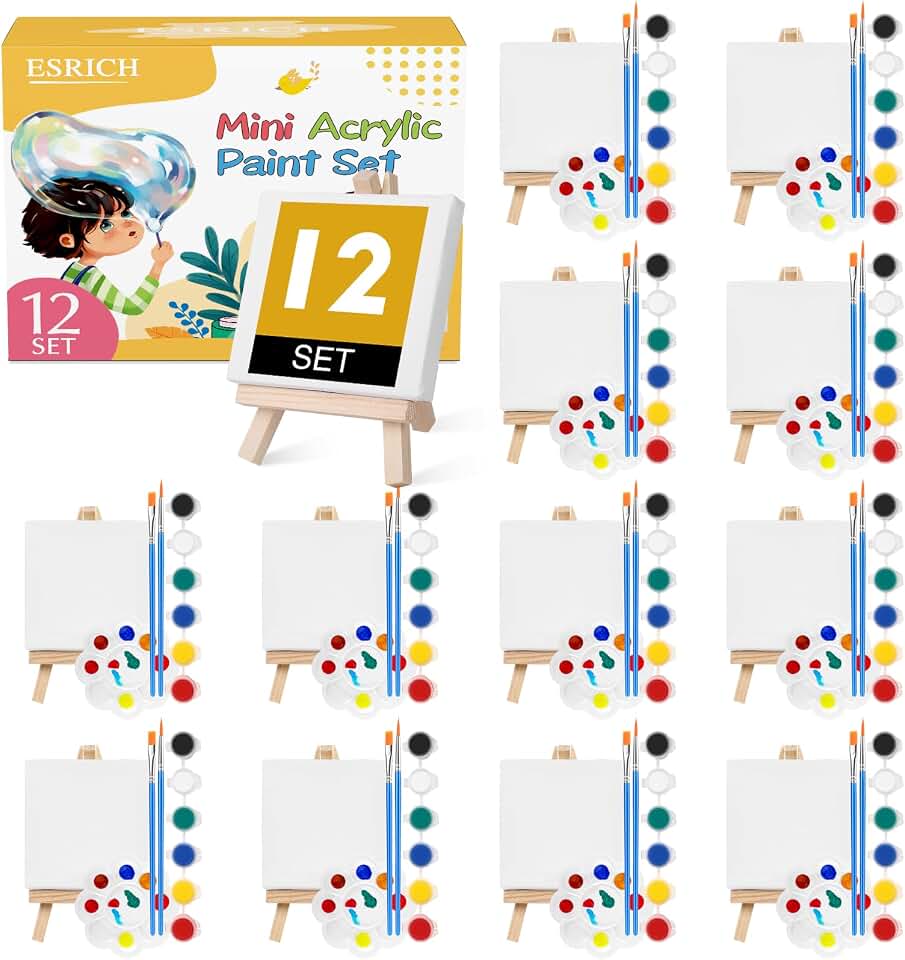 ESRICH 12 Set Mini Acrylic Paint Kit, Mini Stretched Canvas with Easel | Acrylic Paint Strips, Paint Palettes, Painting Brushes, Mini Canvas and Easel Set for Kids Artists Beginner, Gift