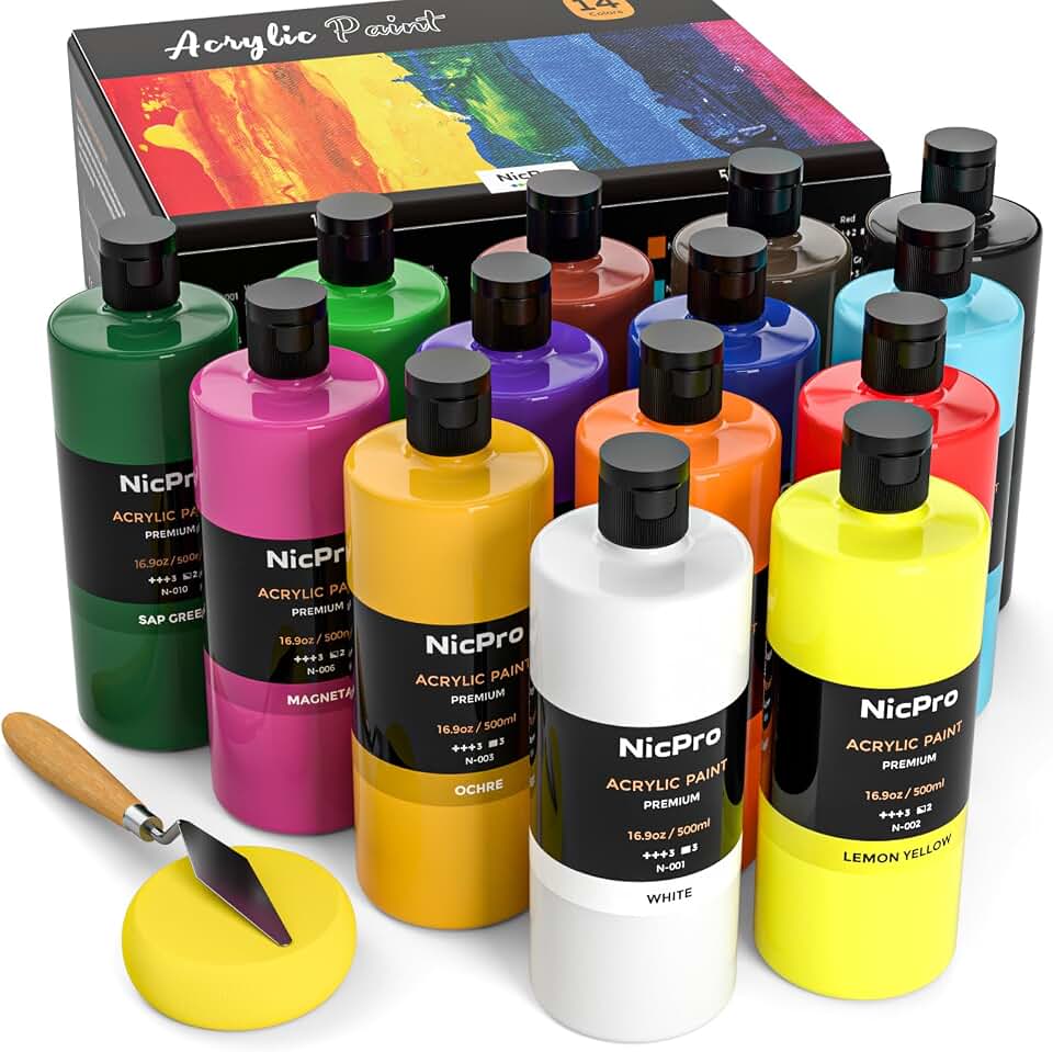 Nicpro 14 Colors Large Bulk Acrylic Paint Set for Artist (16.9 oz, 500 ml) | Rich Art Painting Supplies, Non Toxic for Multi Surface Craft Pumpkin Rock Canvas Wood Fabric Ceramic Leather, for Adult Kids