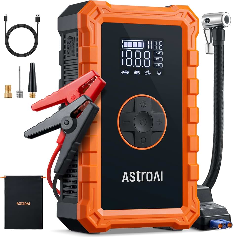 AstroAI S8 Air 3000A Jump Starter with Air Compressor, 12V Jump Box | Car Battery Booster Pack for 9L Gas/6.5L Diesel - 150PSI Auto-Off Tire Inflator - 2.4" Large Screen - Power Bank &amp; LED Light
