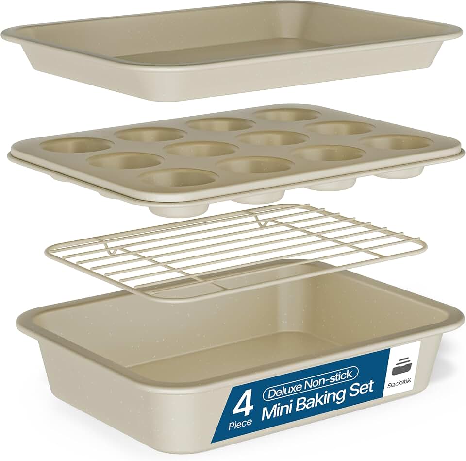 Bakken 4-Piece Bakeware Sets, Nonstick Carbon Steel Baking Sheet, Stackable Space-Saving Bakeware, Dishwasher Safe, Stain-resistant, PFOA, PFOS, &amp; PTFE Free, Oven Safe Up To 450°F, White Marble Finish