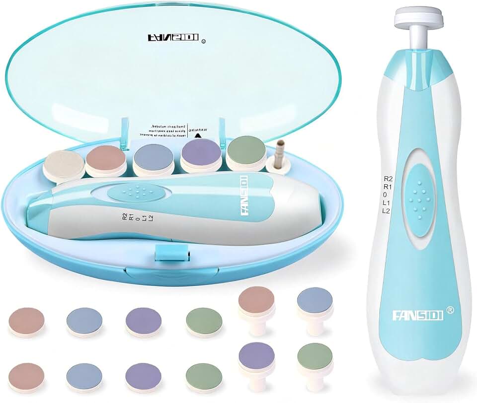 Fansidi Baby Nail Trimmer Electric, Easy &amp; Safe Nail File for Newborn Infant Toddler, Whisper-Quiet Nighttime Use, 4-Stage Age-Matched Grinding Heads, LED Light, 18-Piece Kit, Blue, Baby Shower Gift
