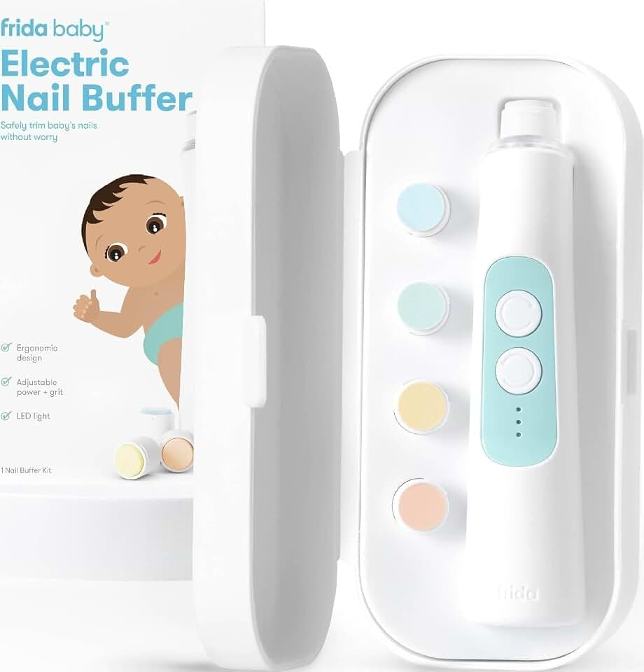 Frida Baby Electric Nail Buffer, Safe Baby Nail File &amp; Trimmer Kit, White | For Newborn &amp; Toddler Fingernails and Toenails, 4 Buffer Pads, LED Light, Storage Case, White