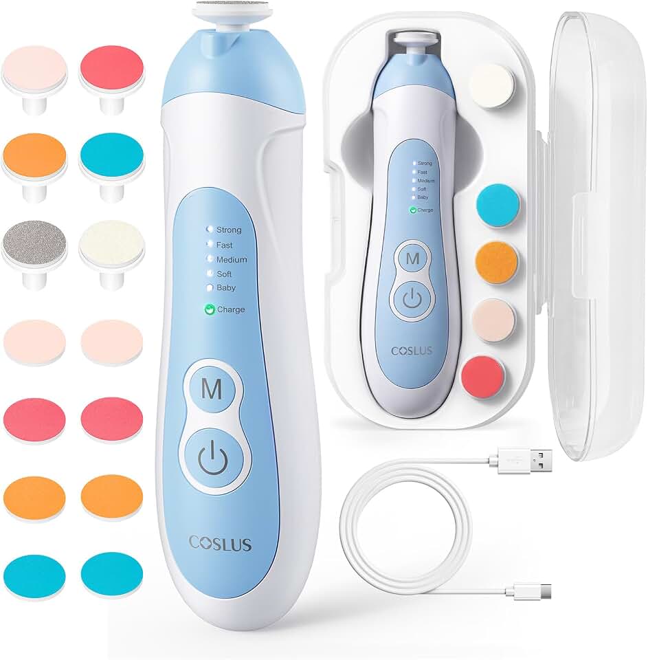 COSLUS C52 Baby Electric Nail File Trimmer, CPC Certified and Quiet Design | Cordless Baby Nail Clipper with 5 Speeds &amp; 6 Grinding Heads for Newborn Infant Toddler, LED Light, Safe Sleep Buffer, Blue