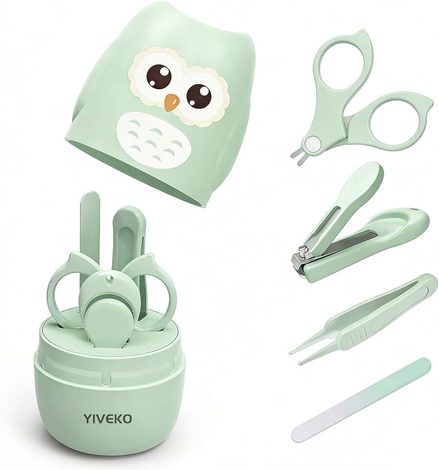 Baby Nail Kit, 4-in-1 Baby Nail Care Set with Cute Case, Baby Nail Clippers, Scissors, Nail File &amp; Tweezers, Baby Manicure Kit and Pedicure kit for Newborn, Infant, Toddler, Kids-Owl Green