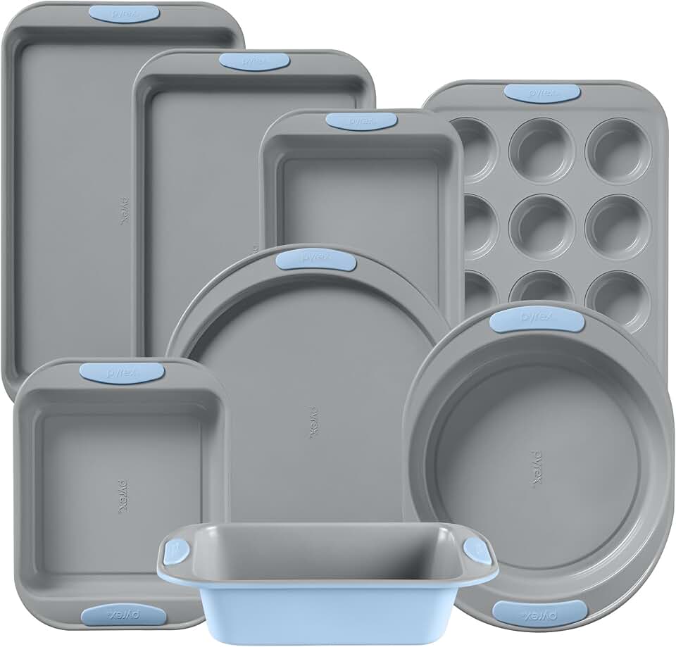 Pyrex 8-Piece Metal Bakeware Set with Heatsafe Silicone Handles, Cerulean | Lightweight stainless steel baking sheets with heatsafe silicone handles, made without PFAS, mercury, lead, cadmium &amp; BPA