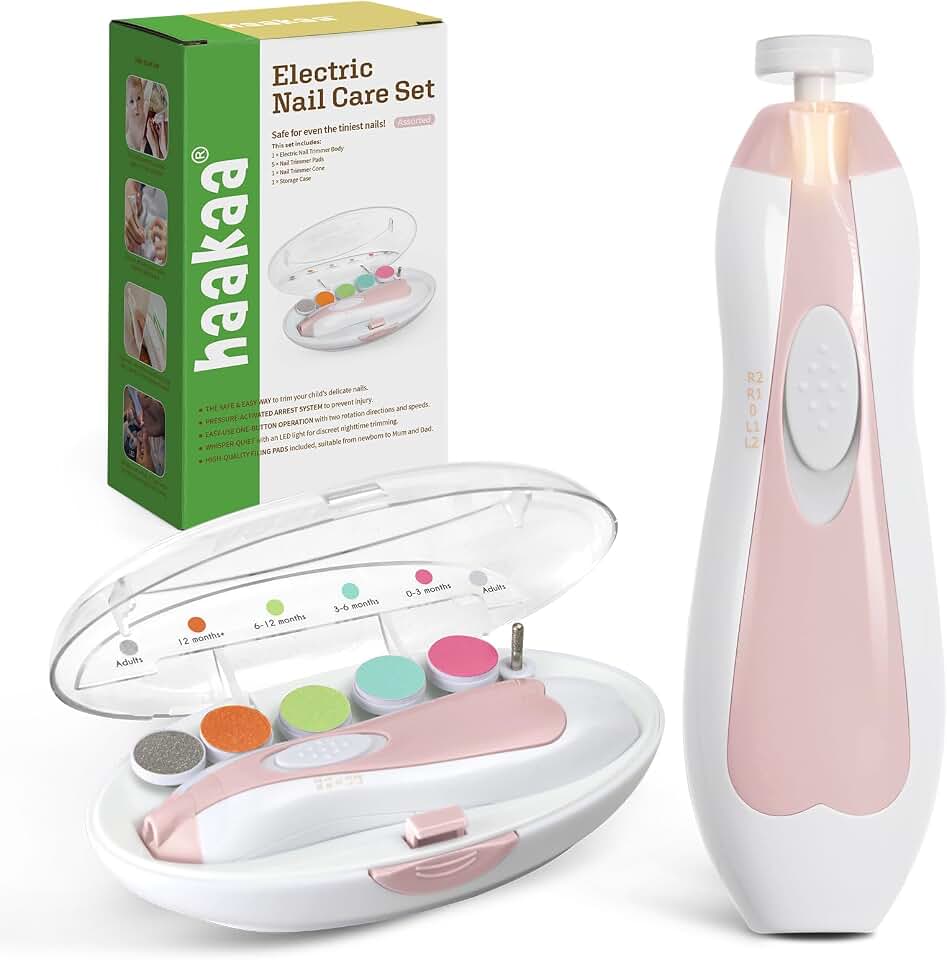 haakaa Baby Nail Trimmer Electric, Gentle Nail File for Newborns &amp; Infants | Safe and Gentle Baby Nail Care with LED Light, Low Noise, 6 Grinding Heads and Storage Case for Toddlers and Adults