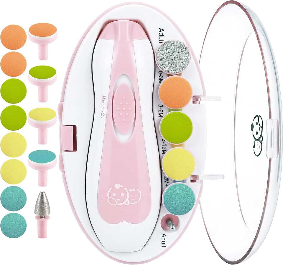 Royal Angels Upgraded 21 in 1 Baby Nail Trimmer with Labeled Case, 13 Extra Replacement Pads, Safe Electric Baby Nail File Kit for Newborns &amp; Toddlers, Whisper Quiet Nail Clipper with LED Light (Pink)