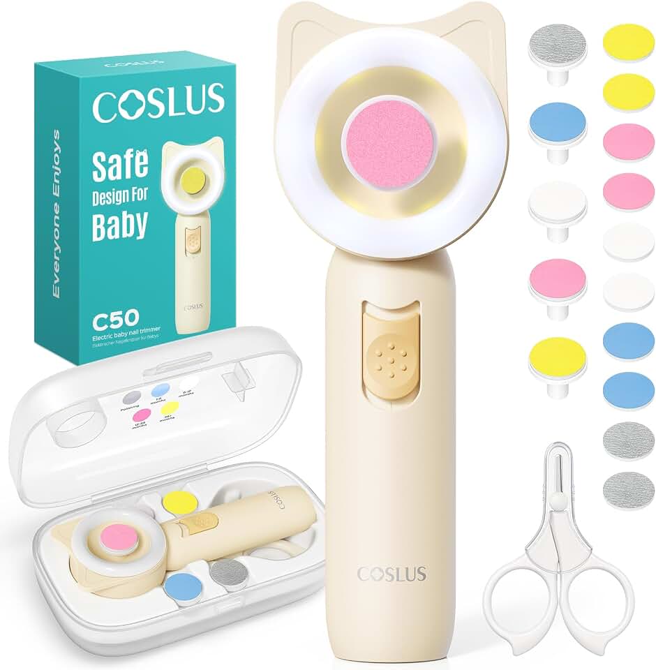 COSLUS C50 Baby Electric Nail File Trimmer, Gentle &amp; Safe | Quiet Baby Nail Clipper with 360° Night Light for Sleep Grinding, 16-in-1 Kit for Newborn, Infant, Toddler, Lemon Yellow