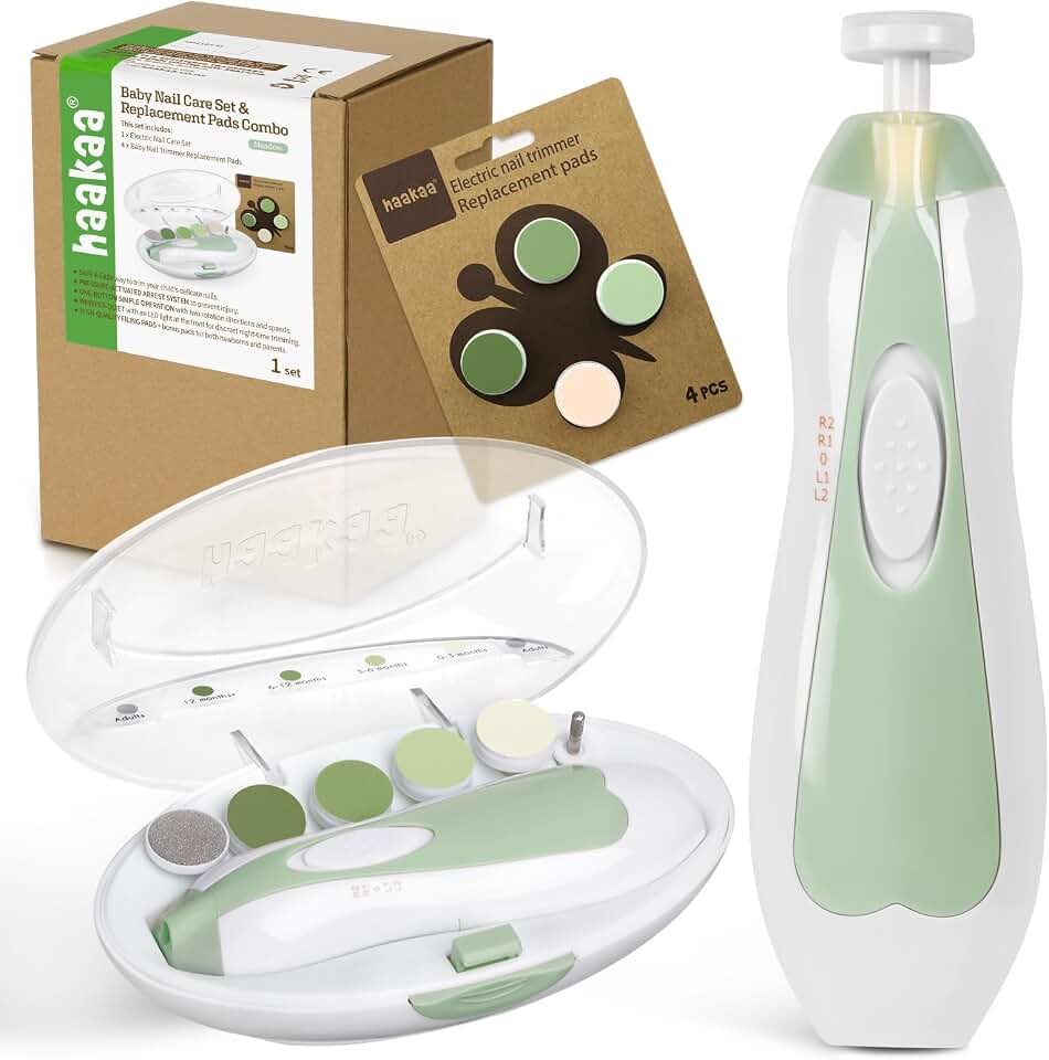 haakaa Baby Nail Trimmer Kit, Electric Nail File with Extra 4 Pads, Green | Electric Baby Nail Care Kit with LED Light, Storage Case, Safety Control and Gentle Filing for Newborns, Toddlers and Adults