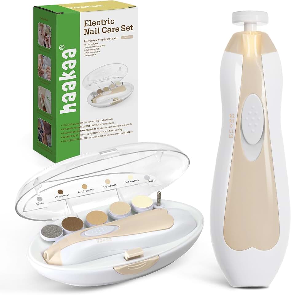 haakaa Electric Baby Nail Trimmer, Whisper-Quiet with LED Light, Acorn | Baby Nail Care Kit with 6 Replacement Heads, Storage Case, Quiet Motor for Safe Grooming from Newborns to Adults