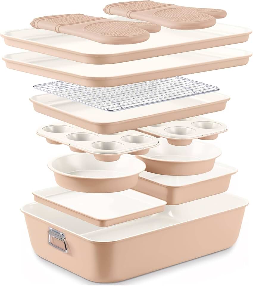 Country Kitchen Nonstick Stackable Bakeware Set - Deluxe Heavy Duty, Durable, Simple Release Baking Set, Taupe, 13 Pcs with Handles