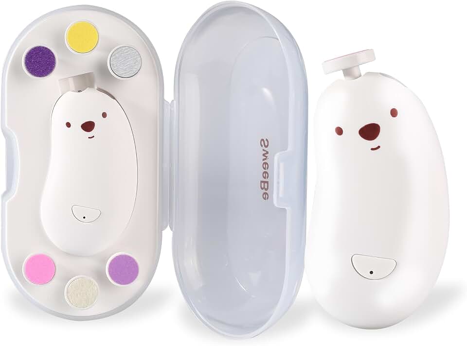 Baby Nail File Electric, Gentle Rechargeable Nail Trimmer, Baby Nail Clippers Grooming Kit Manicure Set for Infant Toddler or Adults, 6 Grinding Head Replacement Pads White