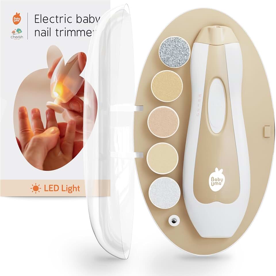 Cherish Baby Care LED Baby Nail Trimmer Electric - Safety Stop (Beige) | Safe electric nail file baby kit with auto-safety stop, LED light, 6 filing discs &amp; travel case for gentle baby nail care.