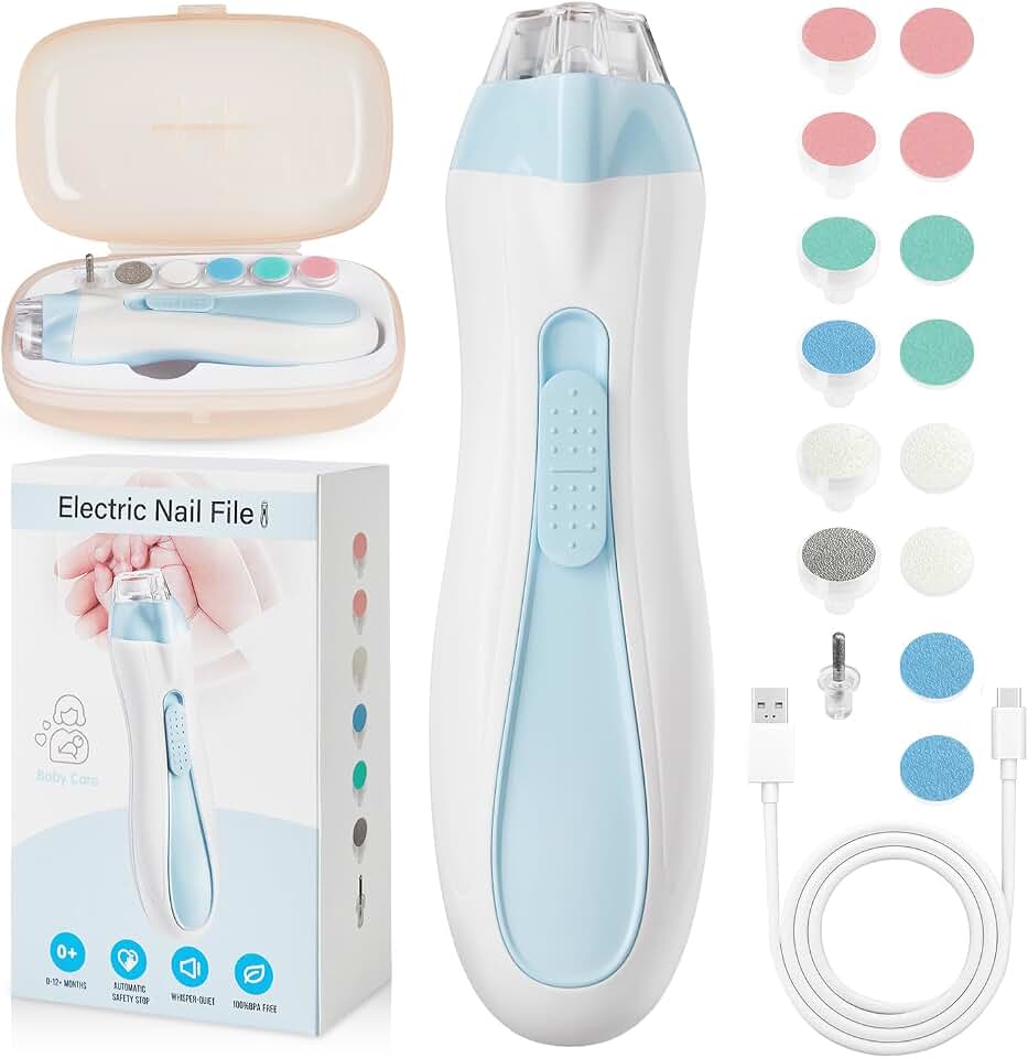 Electric Nail File Baby for Gentle Nail Care, Blue | 15 in 1 Nail Filer Care Kit, Rechargeable, Portable, Easy to Use, Whisper Quiet &amp; LED Lighted, For Infant Toddler