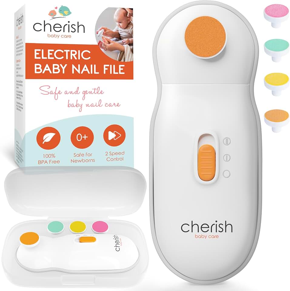Cherish Baby Care Baby Nail Trimmer Electric - Auto Safety Stop (4 Pads) | BPA-free, safety-tested electric nail file baby kit with automatic safety stop &amp; 4 filing pads for babies 0-12+ months.