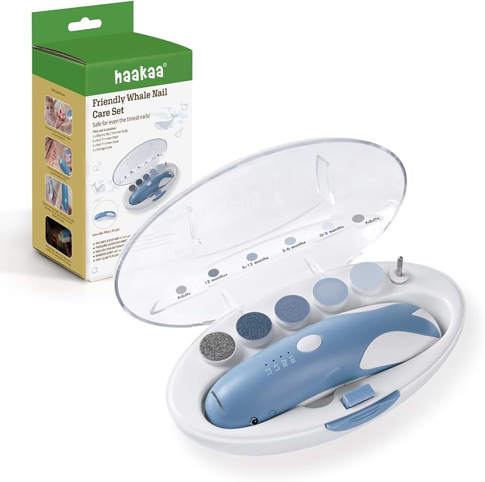 haakaa Friendly Whale Electric Baby Nail Trimmer &amp; Care Set Quiet Safe File | Nail Trimmer for Newborns Kids safe File with LED Light Quiet 2 Speeds Directions Includes Pads for Newborn to Adult