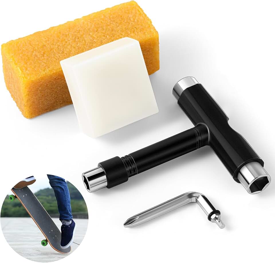 Threlaco 3 Pcs Skate Tool Kit with Skateboard Wax, Cleaner | Multi-function 2 in 1 Skateboard Tool, T Tool and L Type Head Screwdriver for Longboard, Cruisers, Penny Boards