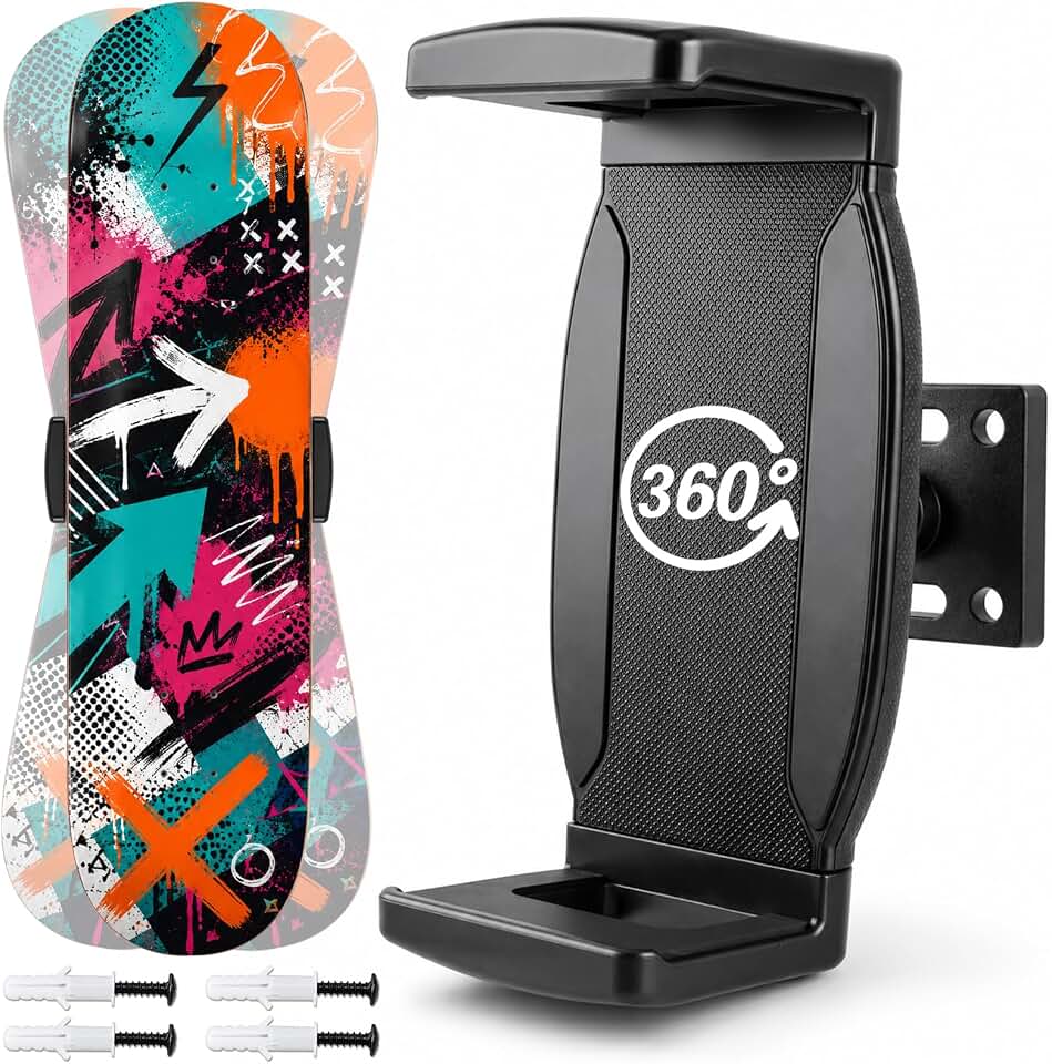 CHERAINTI Skateboard Deck Wall Mount, 360°Rotating Adjustable Skateboard Wall Mount for Deck Display Floating with Silicone Pads, Extendable Skateboard Holder Rack for Longboard Scooter Display