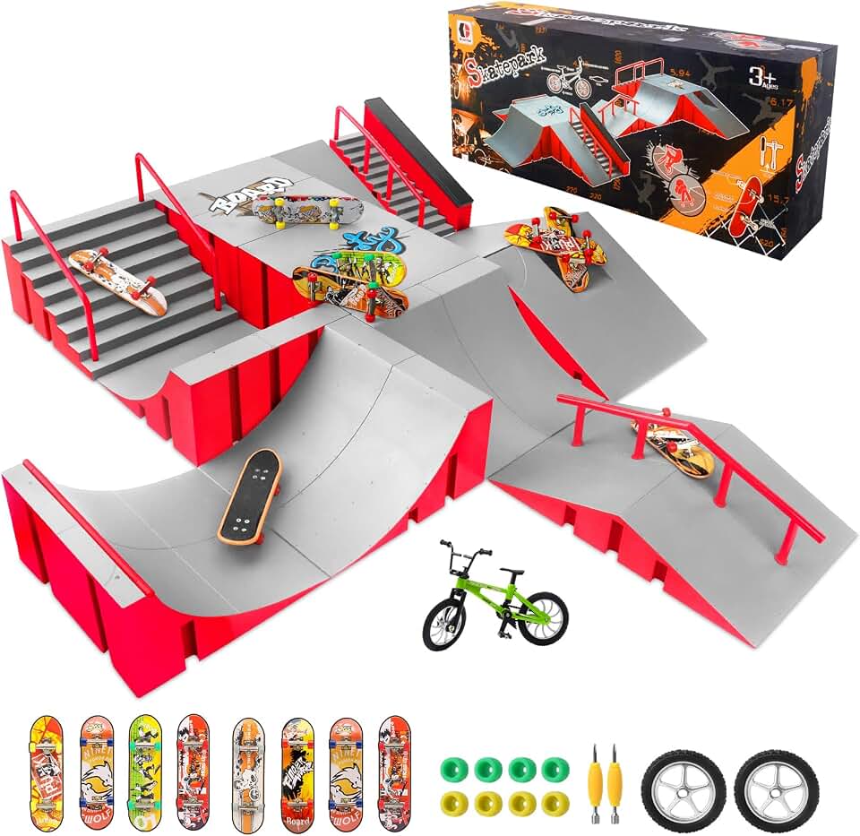 CS COSDDI 14in1 Finger Skateboard Park Set for Kids 8 Skateboards and Bike | Anti-Skid Modular Skate Park,Shock Resistant,Multiple Layouts,ABS Ramps,Half Pipe and Rails,Fits Most Standard Skateboards Global Recycled Standard
