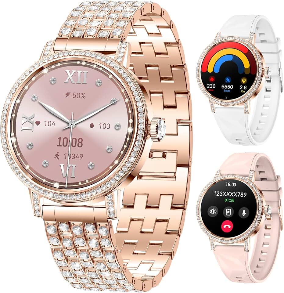 Smart Watches for Women with Diamonds, 1.27'' TFT Smartwatch with Bluetooth Answer/Make Call, Heart Rate Sleep Monitor, 100+ Sport Modes Fitness Tracker, Women’s Smart Watch for Android Phones（Gold）