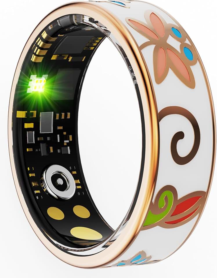 Yihou Smart Ring for Women, Fitness Tracker with Heart Rate and Sleep Monitoring | Floral enamel jewelry design with elegant gold-tone accents, step and calorie tracking, lightweight everyday wear