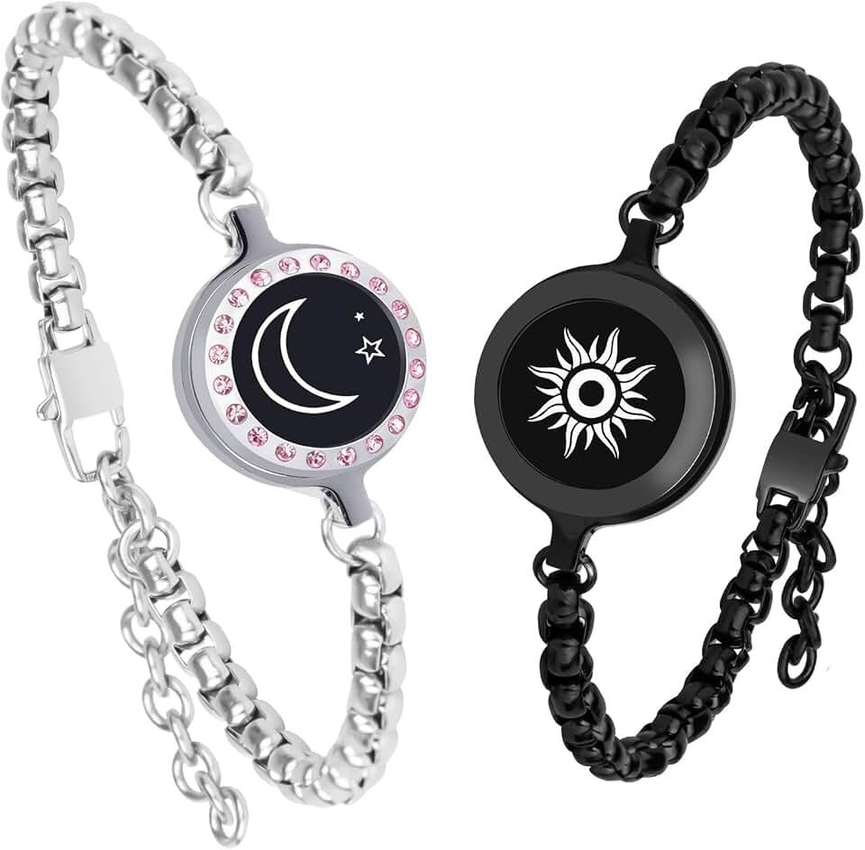 Long Long Distance Touch Bracelets,Vibration &amp; Light up Couples Bracelets, Remote Smart Matching Couples Black silver Bracelet for Couples Long Distance Relationship Girlfriend Boyfriend Xmas Gifts