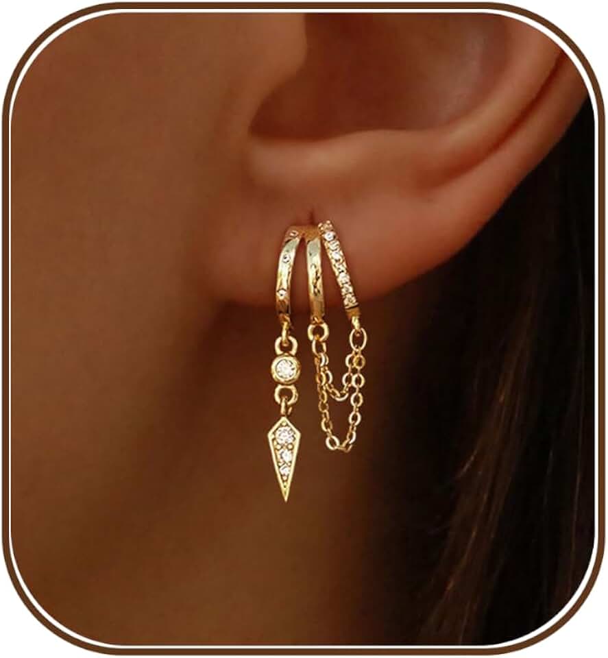 Dangle Earrings for Women,14k Gold Plated Triple Huggie Stud Earrings Cute Statement Chain Earring Dainty Drop Earrings for Women Trendy Gold Plated Jewelry
