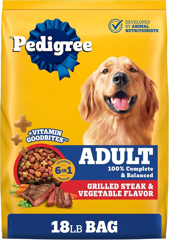 Pedigree Complete Nutrition Dry Dog Food, Steak &amp; Vegetable, 18 lb | Nutrient boost, prebiotic fibers, 36 vitamins &amp; minerals, Omega 6 &amp; Zinc, natural flavors, supports skin and coat