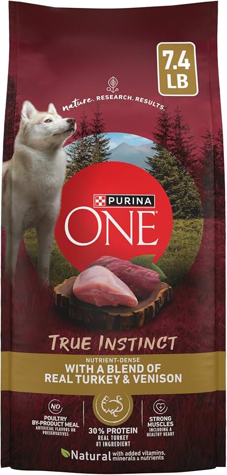 Purina ONE True Instinct Dry Dog Food, Real Turkey &amp; Venison, 7.4 lb Bag | Nutrient-dense, with 30% protein to help support strong muscles, natural with added vitamins, minerals and nutrients