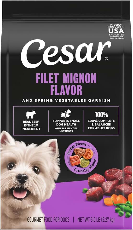 Cesar Small Breed Dry Dog Food, Filet Mignon &amp; Spring Vegetable, 5 lb | Made in USA, Real beef #1 ingredient, 26 essential nutrients, promotes small breed health, no artificial flavors